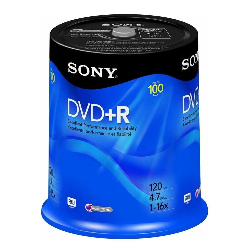 Sony DVD+R 4.7GB 120min 1-16X Recordable Blank Video Discs 100 Pack NEW SEALED